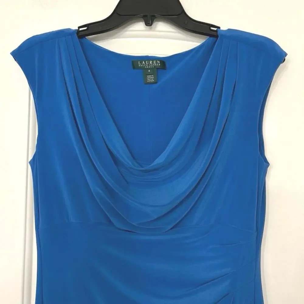 Lauren Ralph Lauren Sleeveless Blue Cowl Neck Ruched  Fitted Midi Dress Size 8
